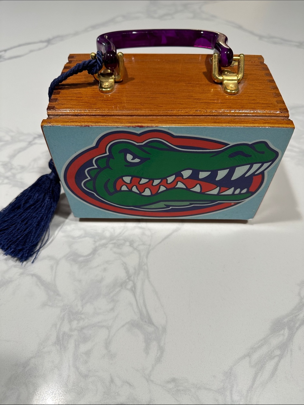 Cigar Box Purse with Green Alligator and Purple Handle